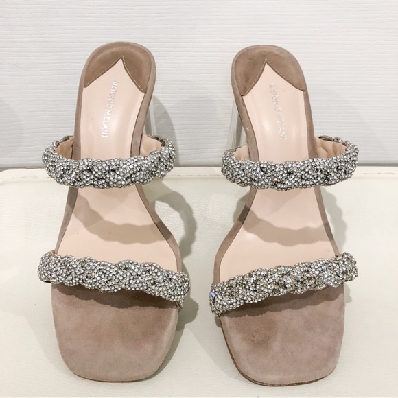 ANTONIO MELANI Brea Rhinestone Embellished Gilded Grey Heel Sandals - Picture 2 of 6